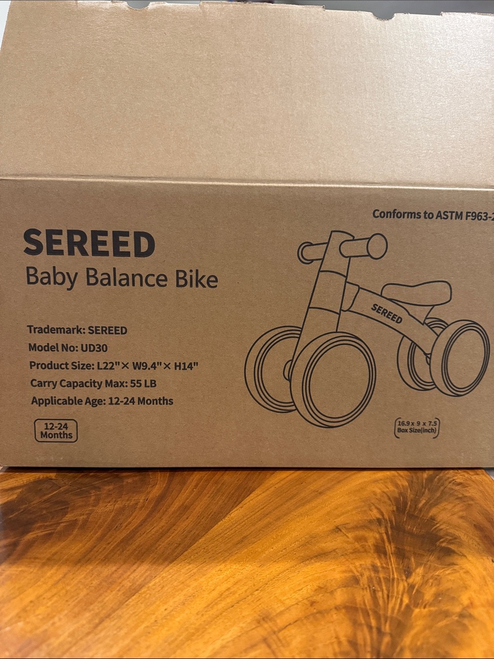 New in the Box Sereed Baby Balance Bike - Natural Kraft Brown and Red